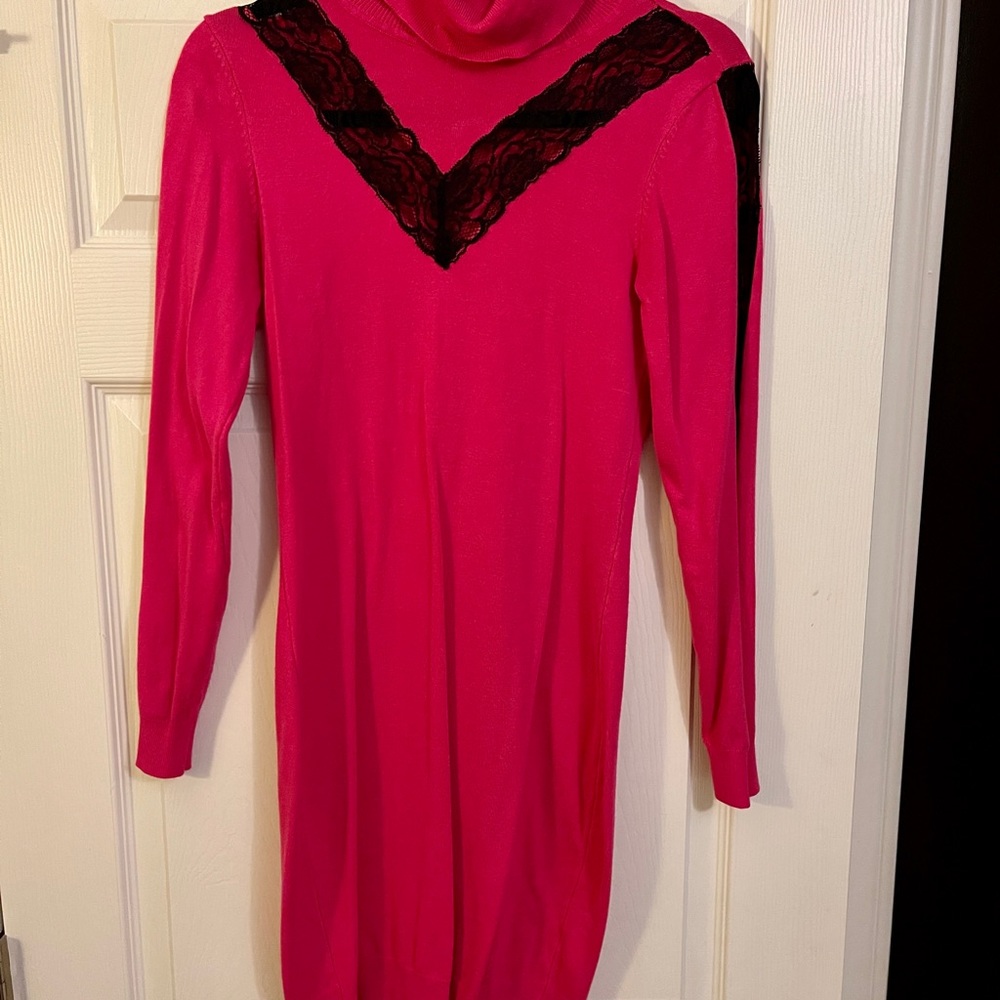 Hot Pink Sweater Dress with black lace